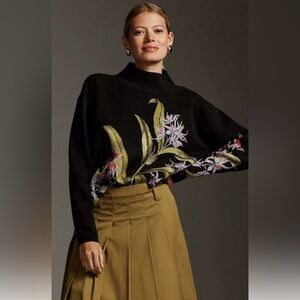 Anthropologie Maeve Carys Black Floral Mock-Neck Sweater size medium